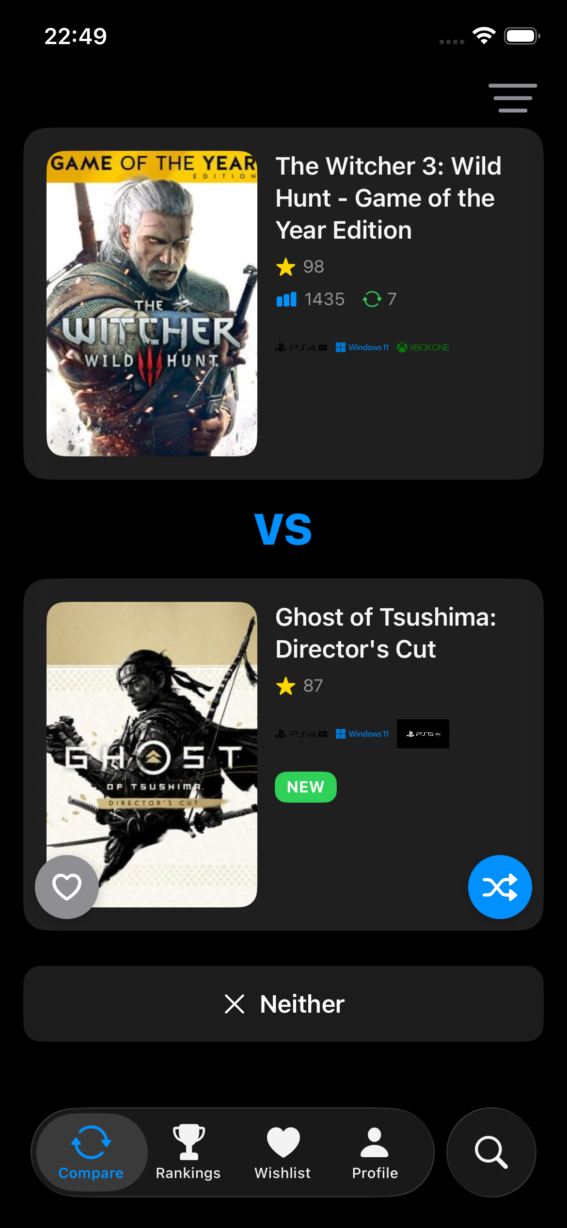 Compare view — choose your favorite between two games
