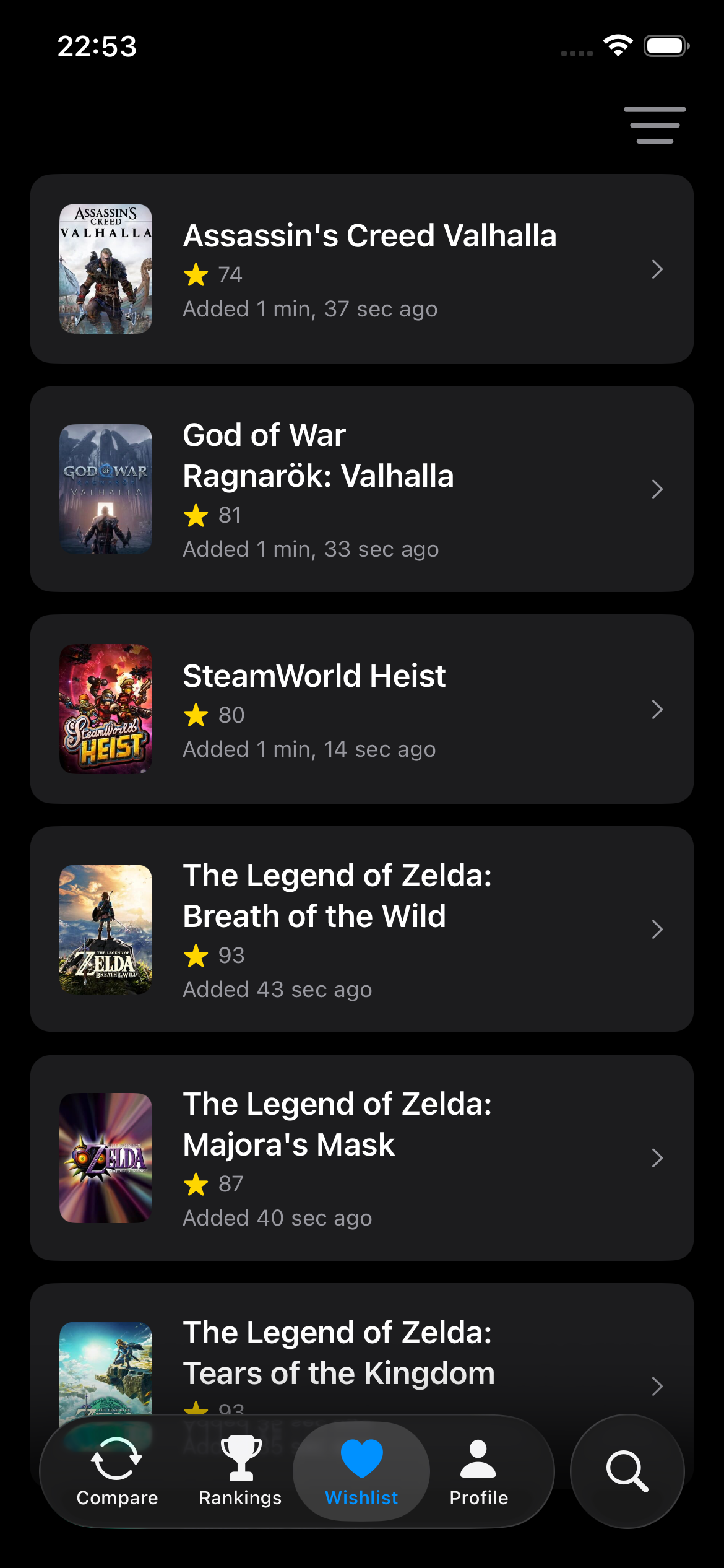 Wishlist — save games to rank later